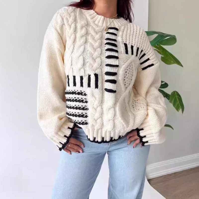 Autumn Winter High Street Retro Twist Handmade Rope Design Knitwear Loose Sweater